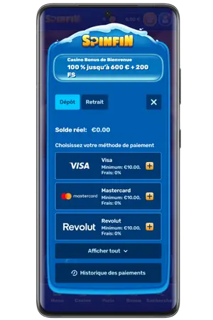 Page dépôt SpinfiN Casino méthodes paiement