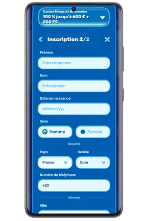 Formulaire inscription SpinfiN Casino données personnelles