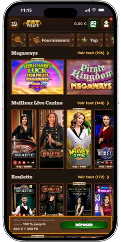 Section casino en direct sur la page d'accueil FatPirate