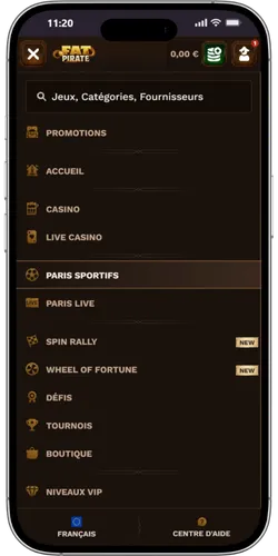 Menu de navigation principal FatPirate Casino