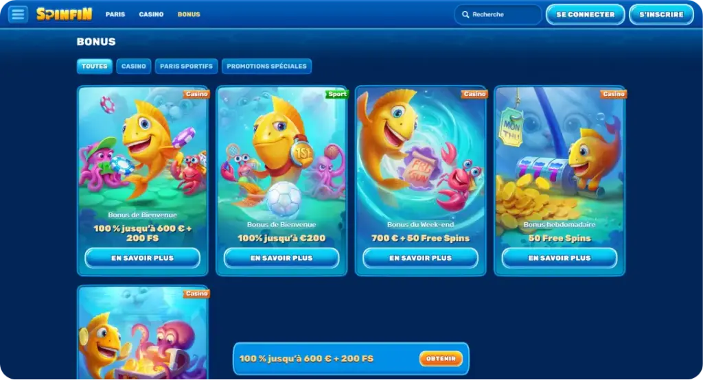 Section bonus SpinfiN Casino promotions disponibles France