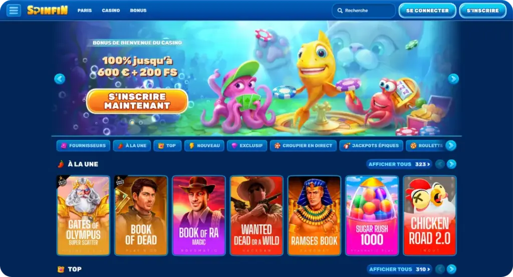 Page accueil SpinfiN Casino design sous-marin coloré