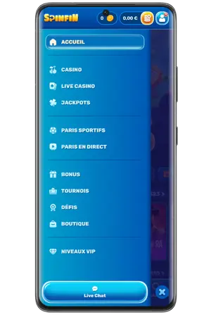 Menu navigation SpinfiN Casino sections principales