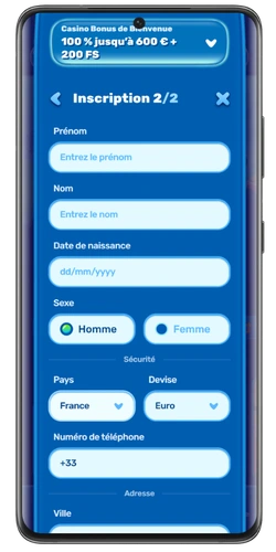 Seconde page d'inscription Spinfin casino avec informations personnelles