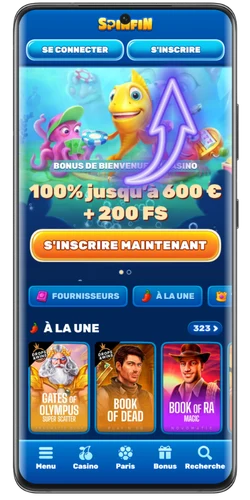 Page d'accueil Spinfin casino avec bouton S'inscrire en haut à droite