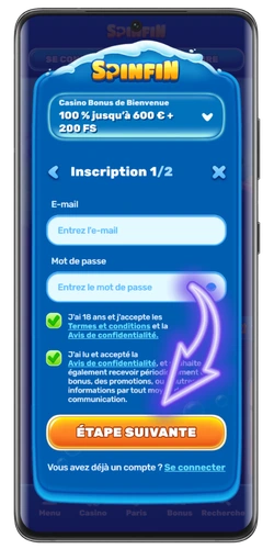 Première page d'inscription Spinfin casino avec e-mail et mot de passe