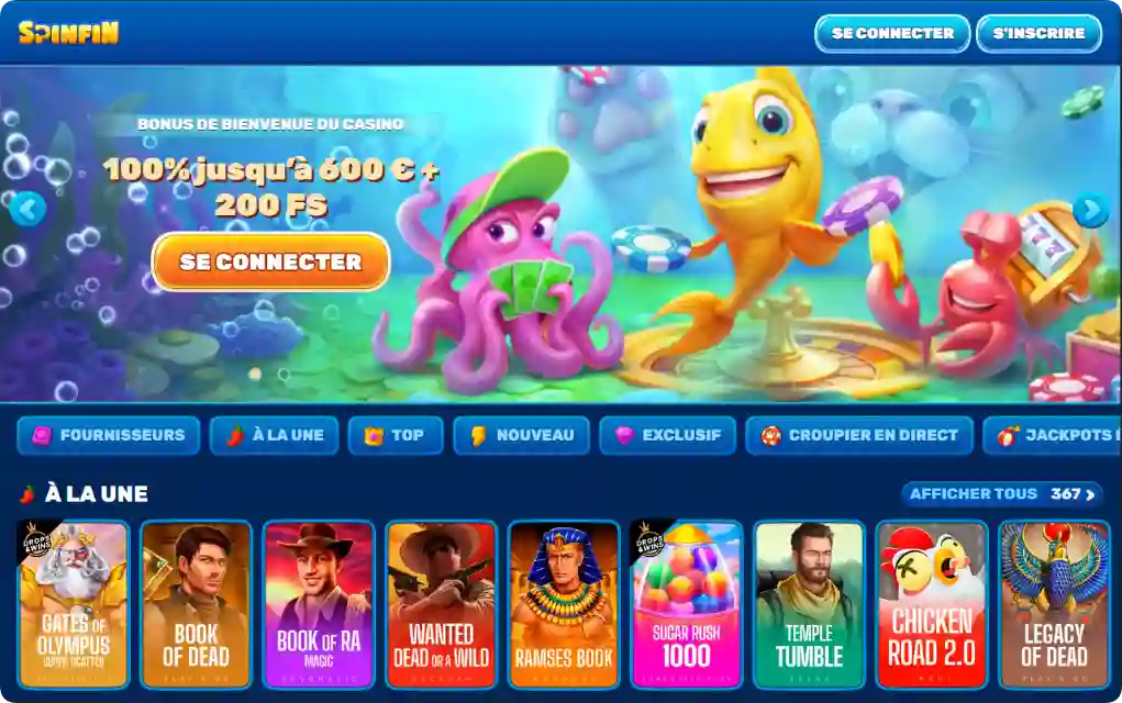 Spinfin Casino crypto sans KYC – page d'accueil et bonus de bienvenue
